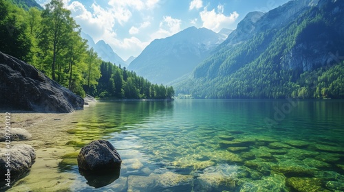 Fototapeta Naklejka Na Ścianę i Meble -  A tranquil lake amidst mountains and waters