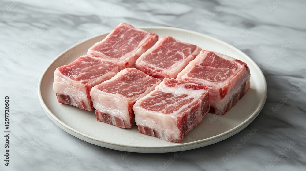 83.A well-lit shot of thinly sliced pork belly placed on a white plate, the marbled fat layers highlighted for texture, with a neutral grey background for a clean and modern look. 83.A well-lit shot of thinly sliced pork belly placed on a white plate, the marbled fat layers highlighted for texture, with a neutral grey background for a clean and modern look.