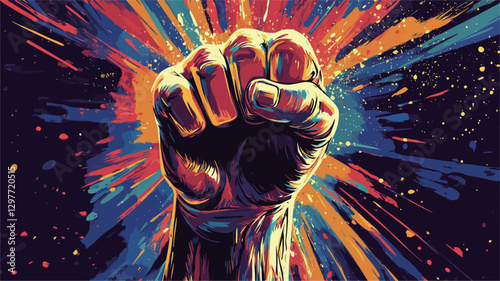 A stylized illustration of a clenched fist, rendered in a vibrant palette of reds, oranges, blues, and purples. The fist is centrally positioned against a background of radiating, explosive