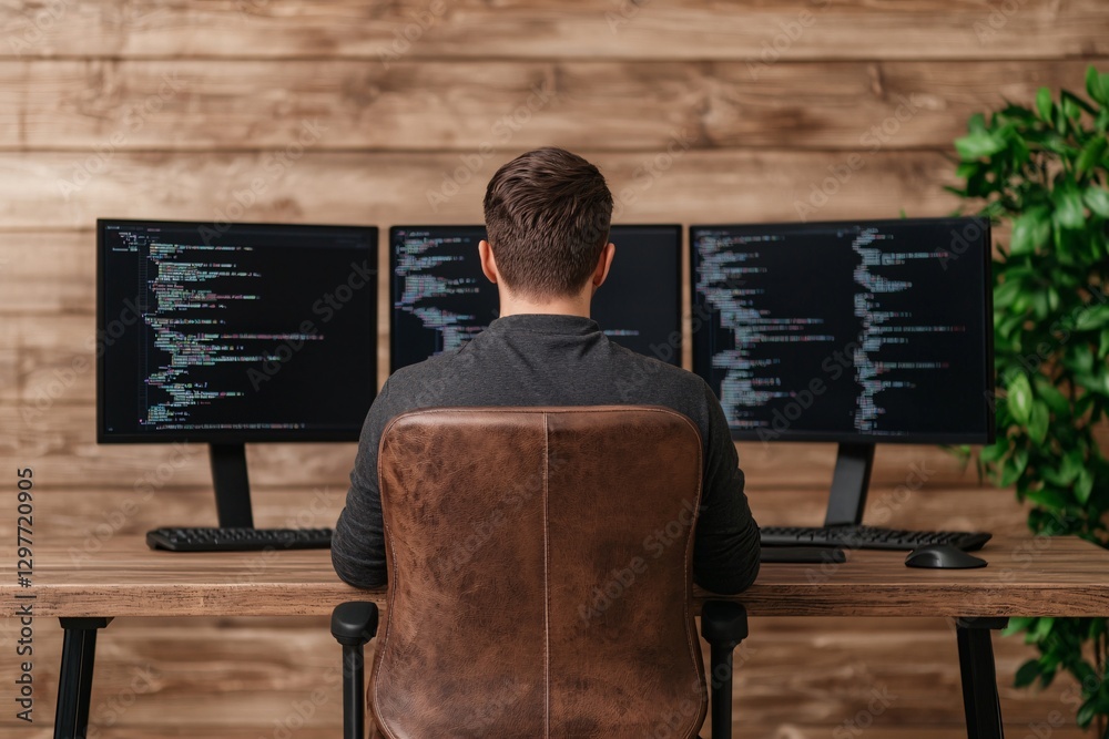 Cyber security crime attack concept. A person sits at a desk with three monitors displaying code, set against a rustic wooden wall and a green plant nearby.