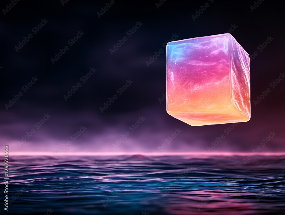 Floating ice cube radiating vibrant colors above a tranquil water surface, creating a surreal, dreamlike atmosphere.