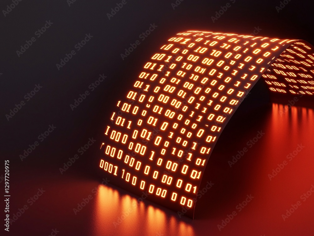 Cyber security crime attack concept. Digital display of binary code illuminated in orange, creating a futuristic, abstract arch shape against a dark background.