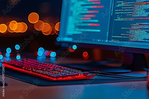 Obraz na płótnie Cyber security crime attack concept. A close-up of a computer keyboard and monitor displaying colorful code, set against a blurred bokeh background at night. w salonie