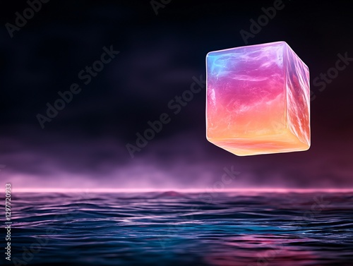 Obraz na płótnie Floating ice cube radiating vibrant colors above a tranquil water surface, creating a surreal, dreamlike atmosphere. w salonie
