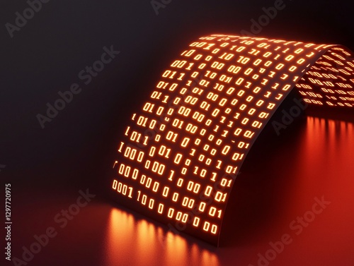 Obraz na płótnie Cyber security crime attack concept. Digital display of binary code illuminated in orange, creating a futuristic, abstract arch shape against a dark background. w salonie