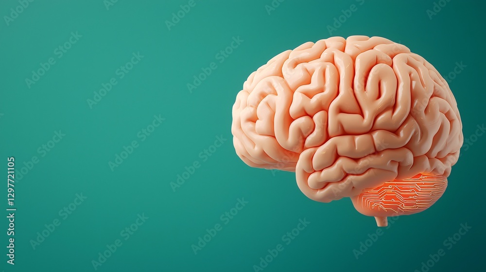 Cyber security crime attack concept. Brain illustration on a teal background, showcasing intricate details and a glowing effect at the base.