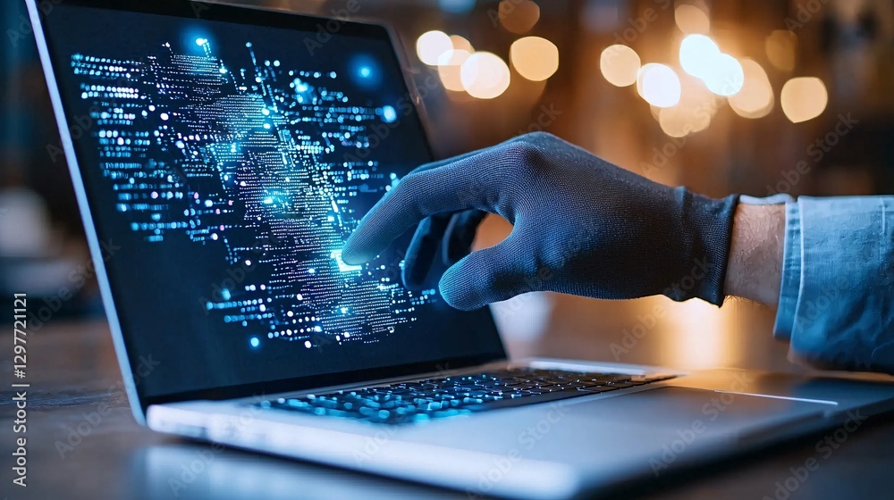 Cyber security crime attack concept. A gloved hand interacts with a digital display, showcasing vibrant data points and connections on a laptop screen in a modern workspace.