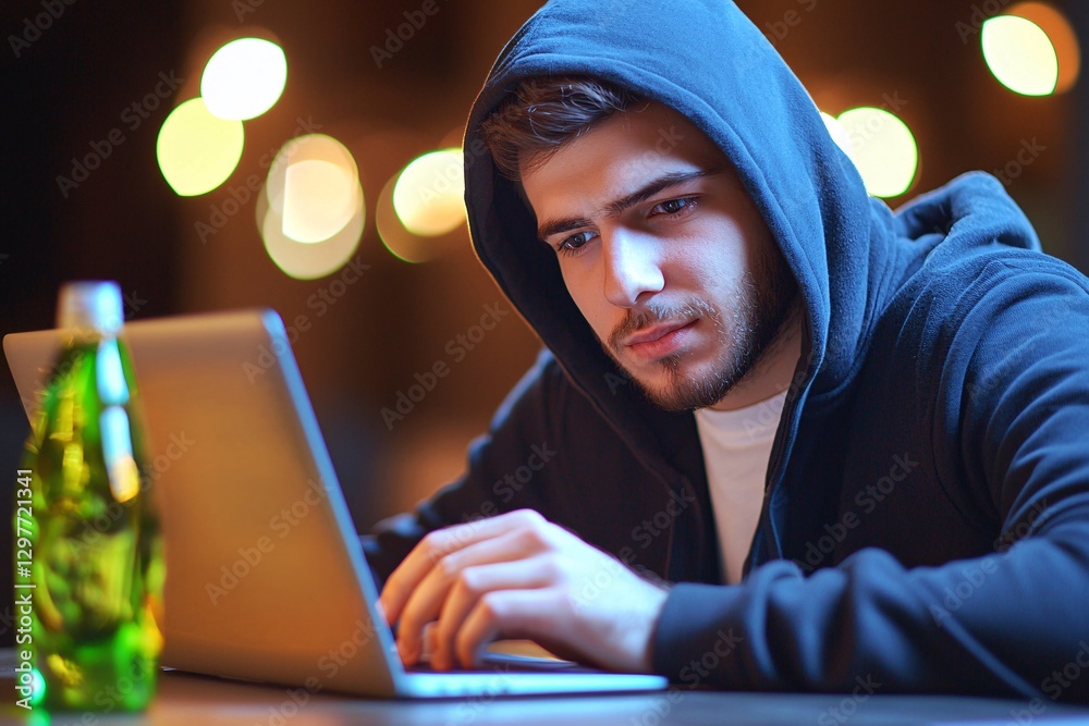 Cyber security crime attack concept. A focused young man in a hoodie works on a laptop, illuminated by soft lights, with a green bottle nearby.