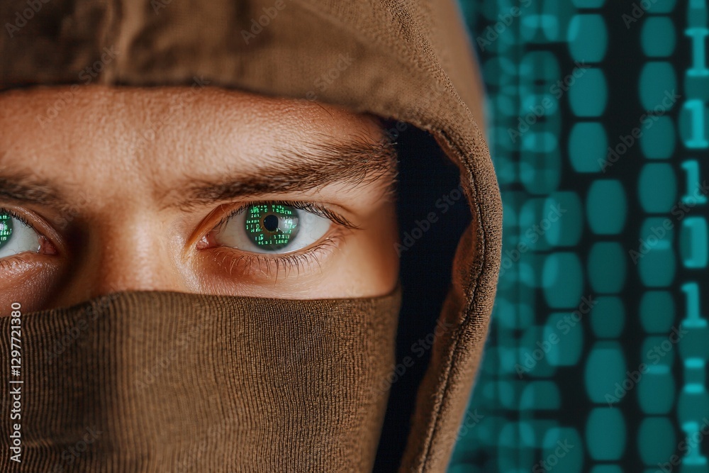 Cyber security crime attack concept. Mysterious figure in a hood with piercing green eyes, set against a digital backdrop of binary code, suggesting themes of technology and secrecy.