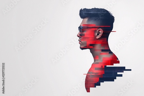Cyber security crime attack concept. Stylized profile of a man with glasses, featuring digital glitch effects and vibrant colors, blending modernity and creativity.
