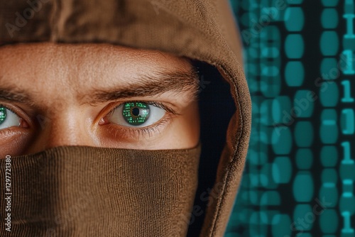 Obraz na płótnie Cyber security crime attack concept. Mysterious figure in a hood with piercing green eyes, set against a digital backdrop of binary code, suggesting themes of technology and secrecy. w salonie