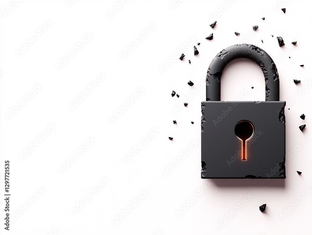 Cyber security crime attack concept. A vintage black padlock with a keyhole, surrounded by small fragments, against a minimalist white background.