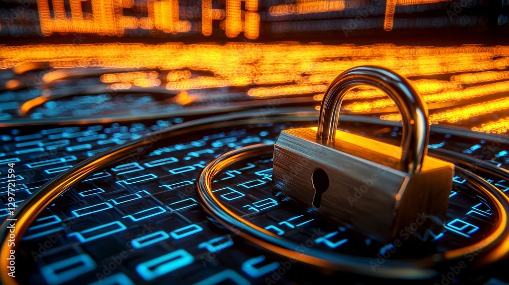 Cyber security crime attack concept. A padlock rests on a digital background, symbolizing security and data protection in a technology-driven world.