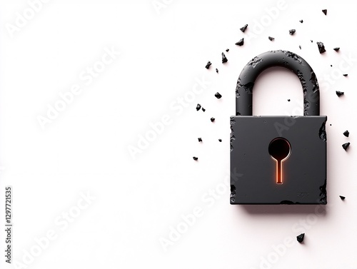 Obraz na płótnie Cyber security crime attack concept. A vintage black padlock with a keyhole, surrounded by small fragments, against a minimalist white background. w salonie
