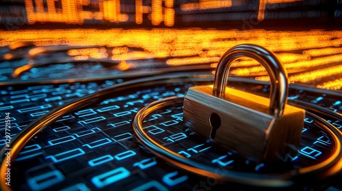 Obraz na płótnie Cyber security crime attack concept. A padlock rests on a digital background, symbolizing security and data protection in a technology-driven world. w salonie