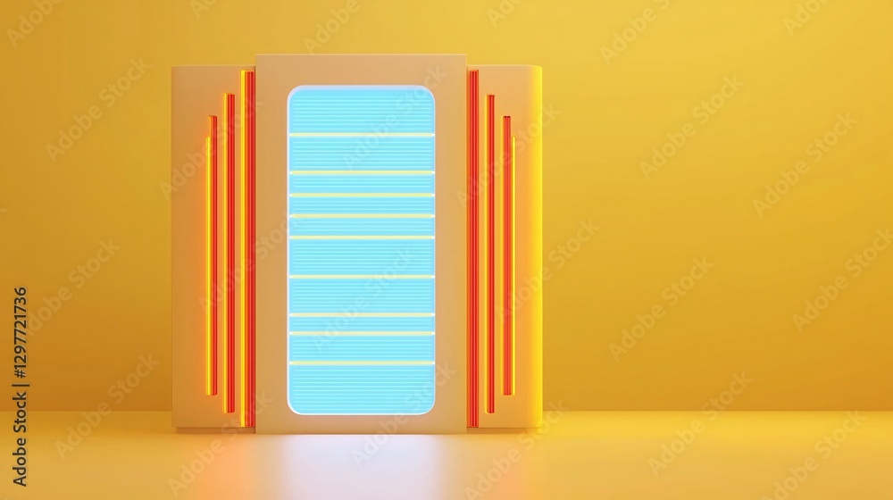 Cyber security crime attack concept. A vibrant, modern window frame with a blue striped design against a bright yellow background, creating a fresh, inviting atmosphere.