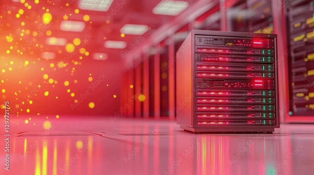 Cyber security crime attack concept. Server rack illuminated with red lights in a data center, showcasing technology and digital infrastructure.