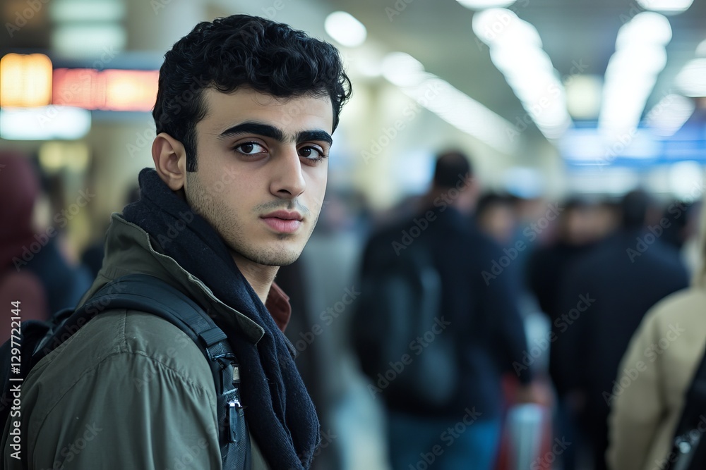 Young Man Traveler Stylish Backpack Serious Expression Urban Setting Modern Portrait Casual Outfit Dark Hair Green Jacket Winter Fashion Public Young Man Traveler Stylish Backpack Serious Expression Urban Setting Modern Portrait Casual Outfit Dark Hair Green Jacket Winter Fashion Public