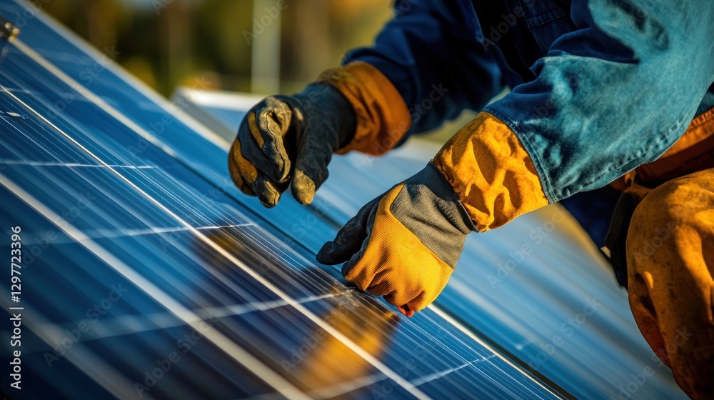 Installer adjusting solar panels on a rooftop, with blurred urban buildings visible in background Installer adjusting solar panels on a rooftop, with blurred urban buildings visible in background