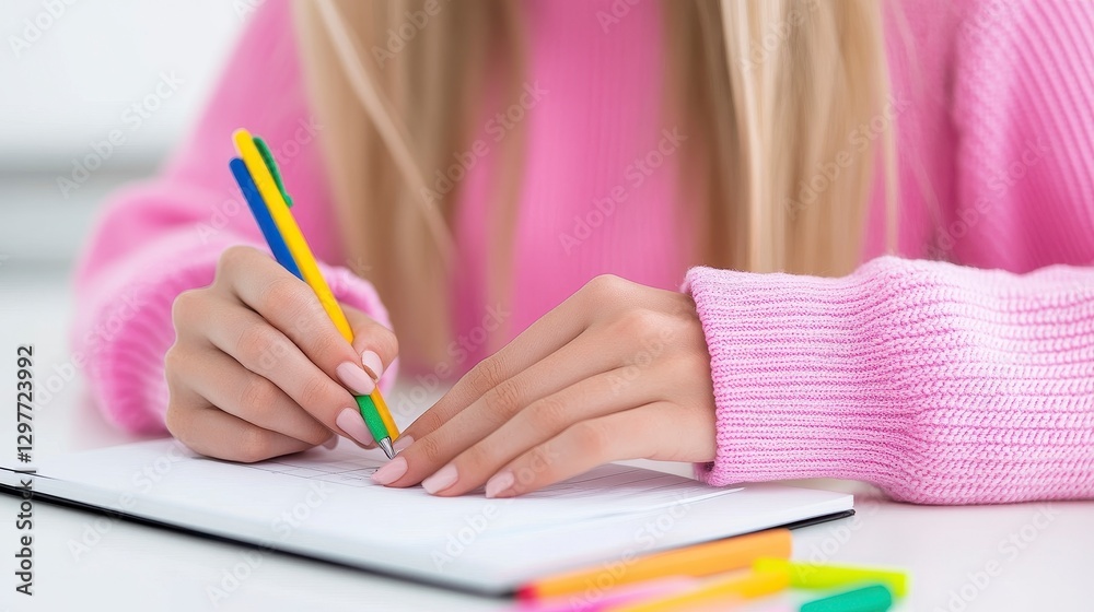 Young Woman in Pink Sweater Writing with Colorful Pens Young Woman in Pink Sweater Writing with Colorful Pens