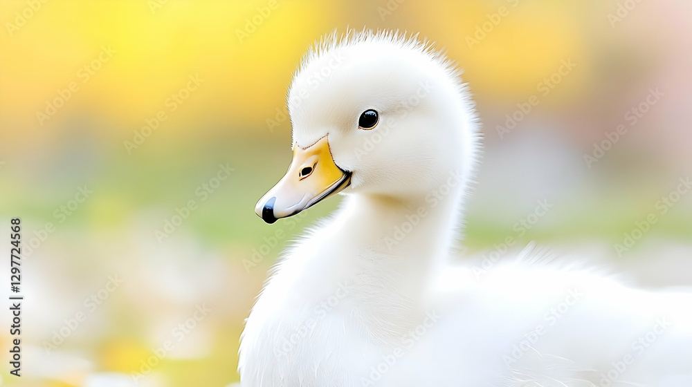 Cute white cygnet, autumn leaves background, nature Cute white cygnet, autumn leaves background, nature