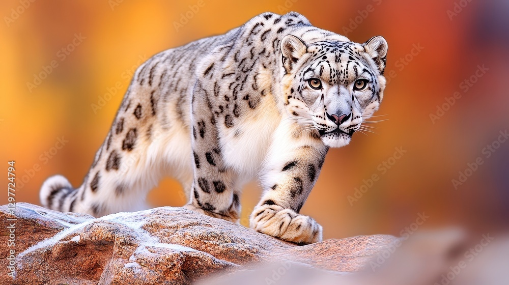 Majestic Snow Leopard Walking on Rocks with Colorful Background Majestic Snow Leopard Walking on Rocks with Colorful Background