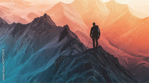 The image depicts a digital painting or rendering of a lone, silhouetted figure standing on the peak of a mountain. The background features a dramatic mountain range with a vibrant color palette