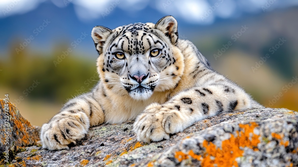 Obraz premium Snow Leopard Lying on Rock in Natural Mountain Landscape