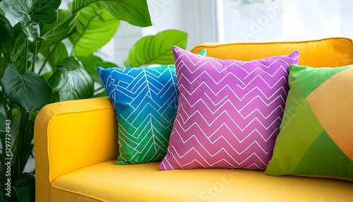 Colorful pillows on yellow couch, indoor