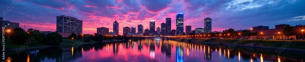 Naklejka premium Downtown Tulsa skyline at dusk with colorful city lights reflecting in river, skyline, cityscape, Oklahoma