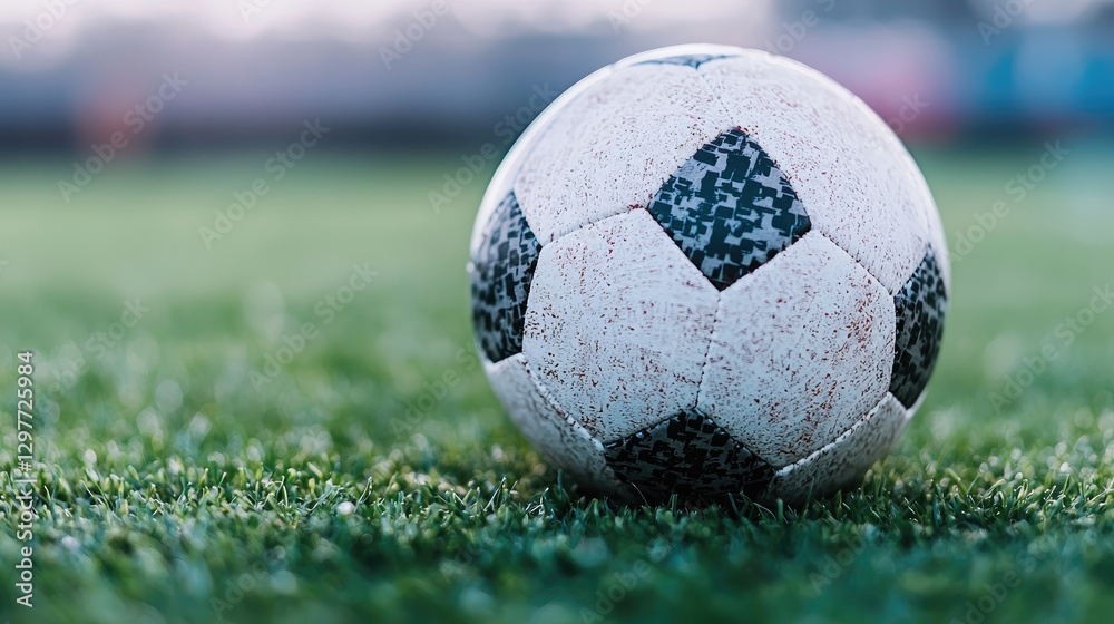Fototapeta premium Classic soccer ball rests on a lush green grass field during a daytime training session.