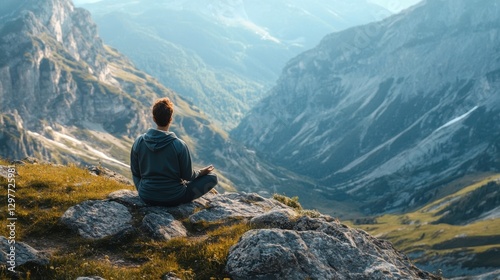 Man meditating peacefully while facing a beautiful mountainous landscape