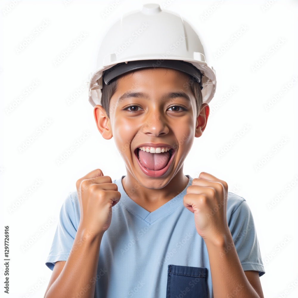 A Joyful Young Boy, Aged Approximately 10, Wearing a White Hard Hat and Expressing Excitement with Fists Pumped, Ready for Adventure in Construction Play