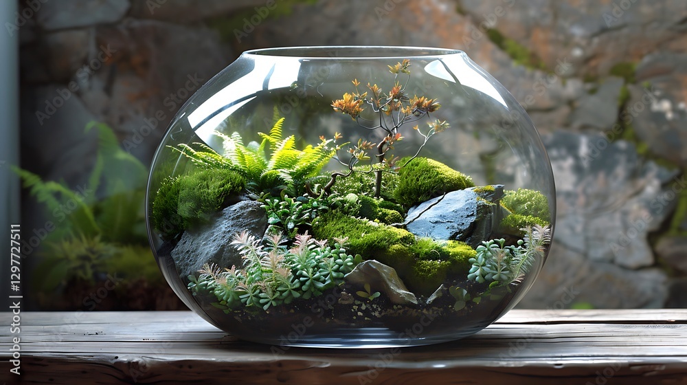 Serenity in Glass: A Lush and Vibrant Miniature Landscape in a Clear Aquarium