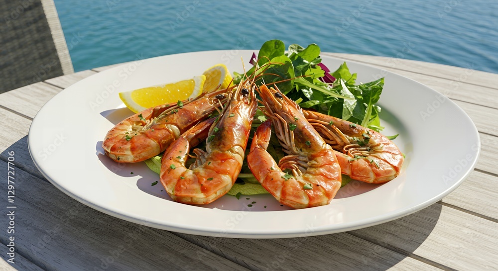 Delicious Grilled Shrimp with Lemon and Mixed Greens by the Sea: A Culinary Delight Delicious Grilled Shrimp with Lemon and Mixed Greens by the Sea: A Culinary Delight