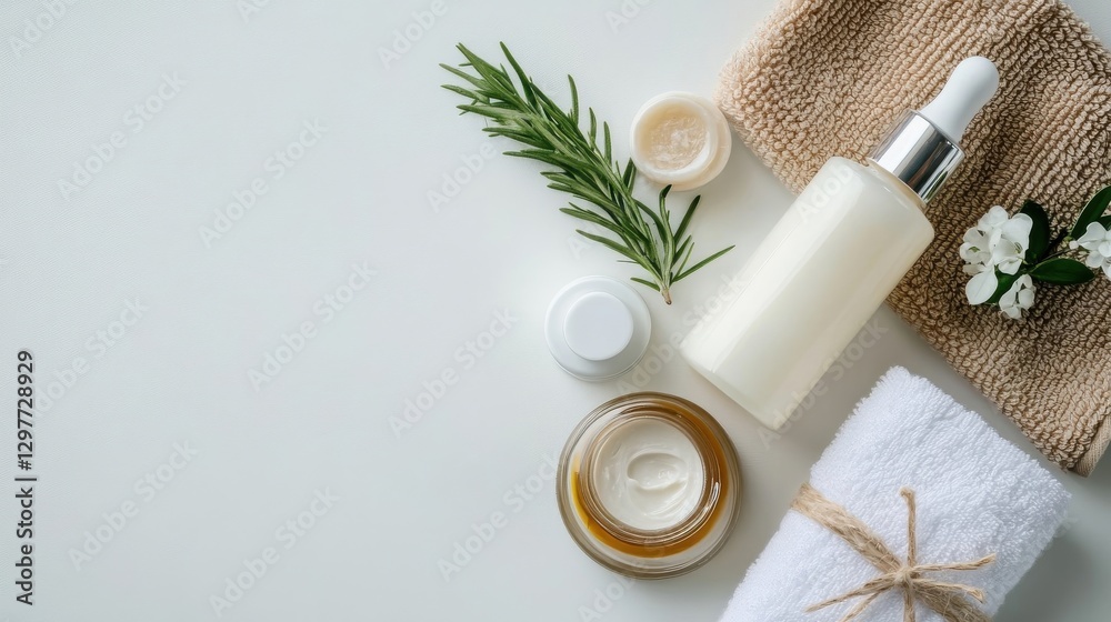 Skincare products arranged on a clean surface with natural greenery Skincare products arranged on a clean surface with natural greenery