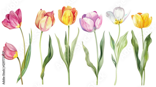 Wallpaper Mural Watercolor Colorful Tulips On Black. Floral Design Elements Isolated For Card, Invitation. Torontodigital.ca