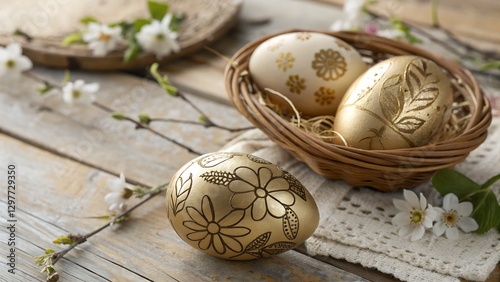 Golden Easter Eggs with Elegant Floral Engravings, Placed on a Rustic Wooden Table perfect for craft blogs, social media content, and artistic Easter-themed promotions. photo