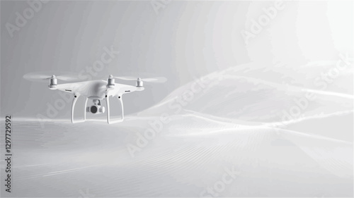 Monochrome image of a drone in flight over a snowy landscape. The drone is centrally positioned, facing the viewer.  The background features softly textured snow-covered hills or mountains under a