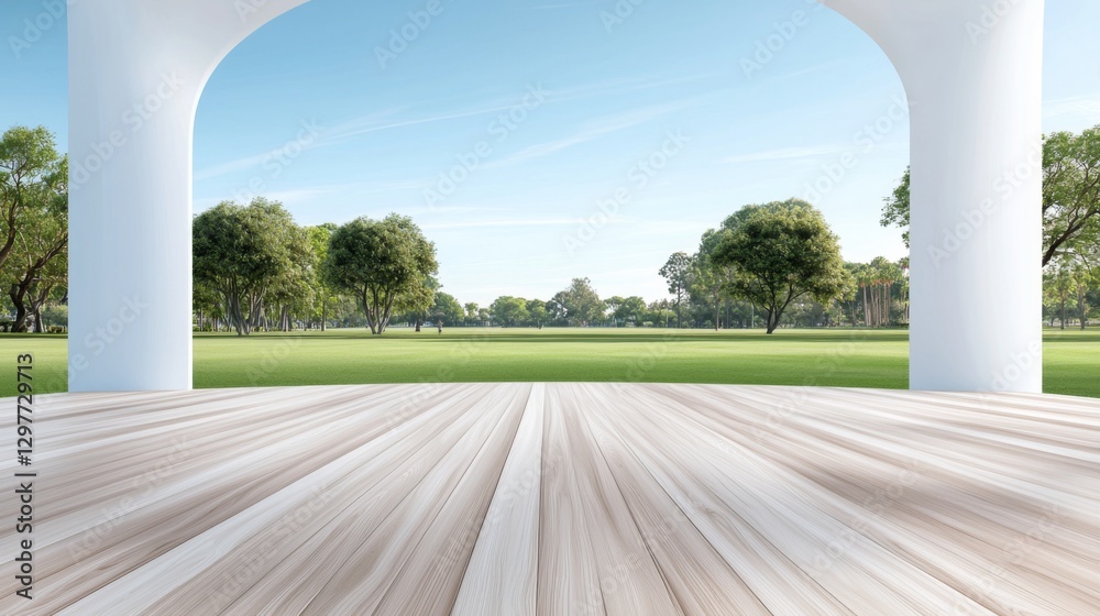 Fototapeta premium Open space with wooden deck overlooking lush green field and clear blue sky in a serene environment
