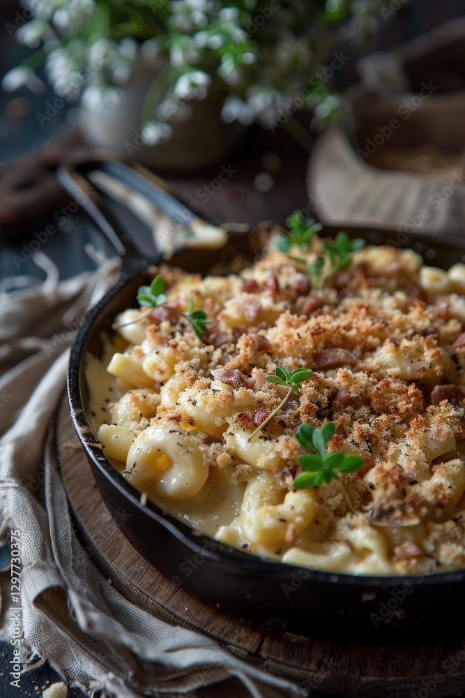 A gleaming black cast-iron skillet rests atop a rustic wooden surface, cradling creamy, golden macaroni and cheese in its depths—perfectly inviting for a cozy meal. A gleaming black cast-iron skillet rests atop a rustic wooden surface, cradling creamy, golden macaroni and cheese in its depths—perfectly inviting for a cozy meal.