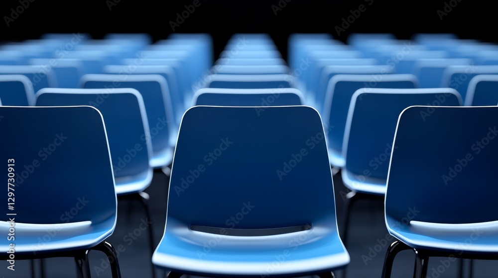 Naklejka premium Empty blue chairs arranged in rows for a conference or lecture in a dark hall