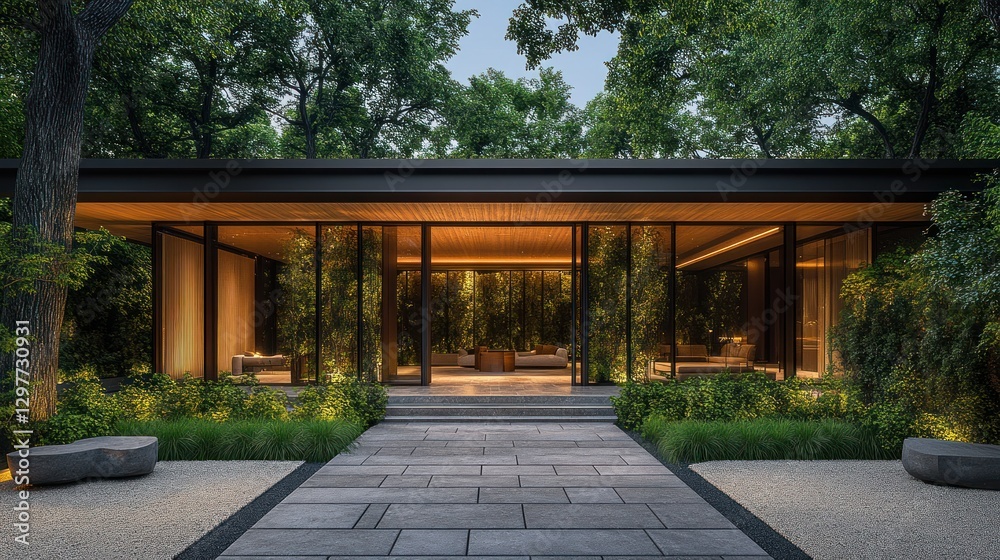 Modern House Entrance in Lush Garden at Dusk Modern House Entrance in Lush Garden at Dusk