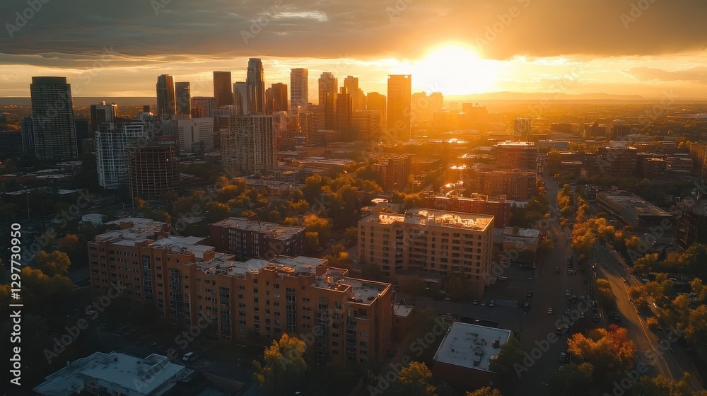 Obraz premium Aerial view of cityscape illuminated by golden sunset light