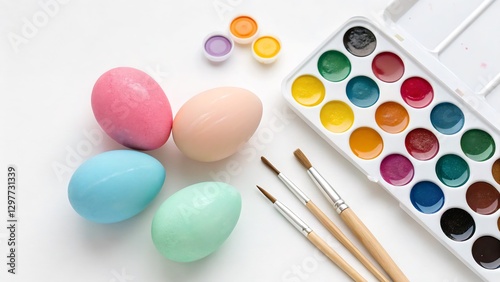 Minimalist Flat-Lay of Easter Eggs, Brushes, and Watercolor Paint on a White Background perfect for craft blogs, social media content, and artistic Easter-themed promotions. photo