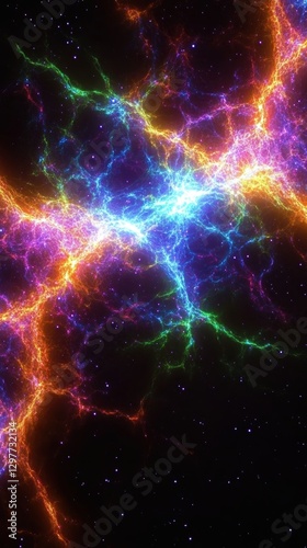 Vibrant cosmic fractal art illuminating dark space with colorful energy bursts and sparkling starlight creating a nebula effect