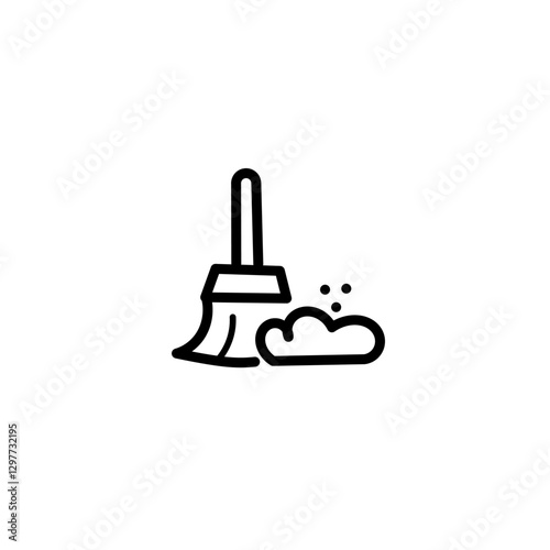 Thin Outline Icon Broom, Besom or Short Brush of Bound Straw Near a Pile of Garbage. Such Line sign as Cleaning Garbage, Cleanup, Sweeping.