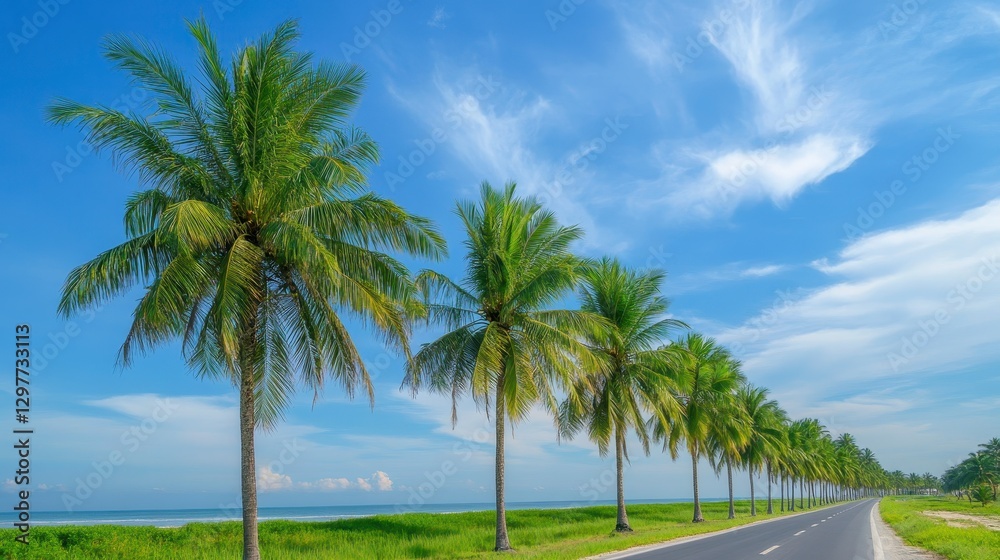 Fototapeta premium Serene Coastal Road with Lush Palm Trees Under Bright Blue Sky