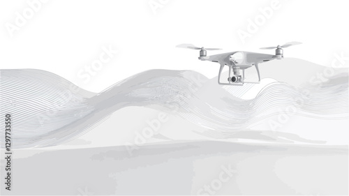 A monochrome photograph depicts a drone in flight over a field of undulating snow dunes. The drone is centrally positioned, relatively small in scale compared to the vast expanse of snow. The snow