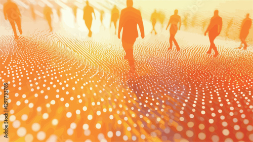 The image shows multiple human silhouettes walking on a textured surface emitting a warm orange-gold light.  The surface appears to be composed of numerous small, illuminated dots creating a